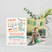 Stomp, Chomp & Roar Dinosaurus Verjaardagsfoto Kaart (Staand voorkant)