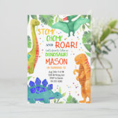 Stomp Chomp Roar Dinosaurussen Verjaardag uitnodig Kaart (Staand voorkant)
