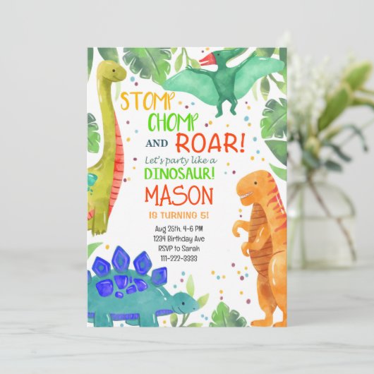Stomp Chomp Roar Dinosaurussen Verjaardag uitnodig Kaart (Staand voorkant)