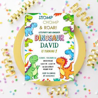 Stomp Chomp & Roar in Fun Dinosaur 1st Birthday Kaart