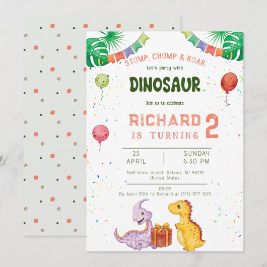 STOMP CHOMP ROAR Kleurrijke Dino Verjaardagsfeestj Kaart (Voorkant / Achterkant)