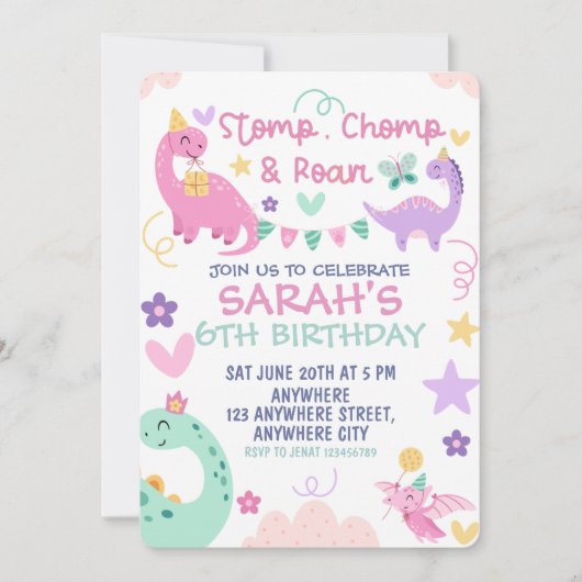 Stomp Chomp Roar Pastel Dinosaur Verjaardagsfeestj Kaart (Voorkant)