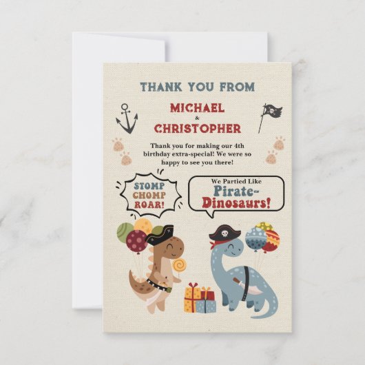 Stomp Chomp Roar Pirate Dinosaur Twin Boy Verjaard Bedankkaart (Voorkant)