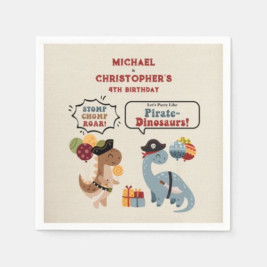 Stomp Chomp Roar Pirate Dinosaur Twin Boy Verjaard Servet (Voorkant)
