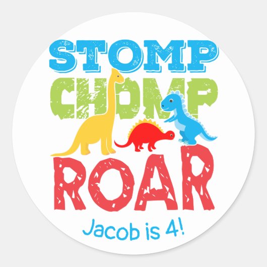 Stomp Chomp Roar Schattigee Dinosaurus Verjaardag Ronde Sticker (Voorkant)