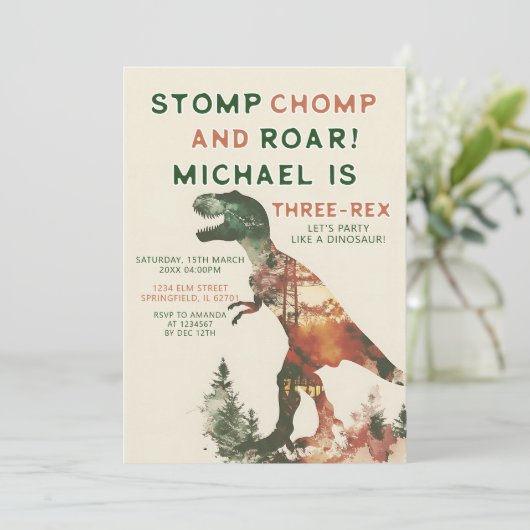 Stomp Chomp Roar T-Rex Dinosaur Boy 3e verjaardag Kaart (Staand voorkant)