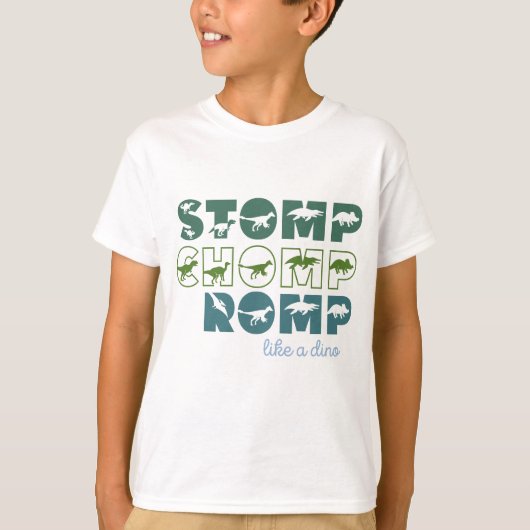 Stomp chomp romp als een dino-kind t-shirt (Voorkant)