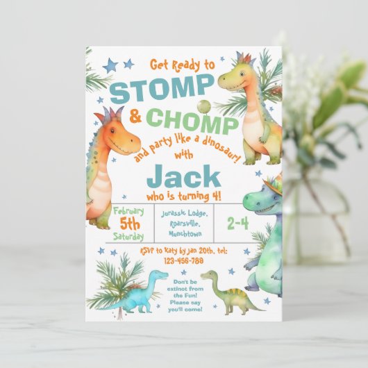 STOMP! CHOMP! Uitnodiging voor het Dinosaurus-verj (Staand voorkant)