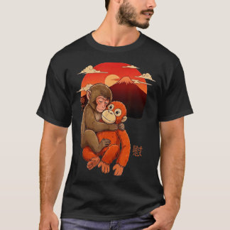 Stomp de aap Japanse rode zonsondergang en berg T-shirt