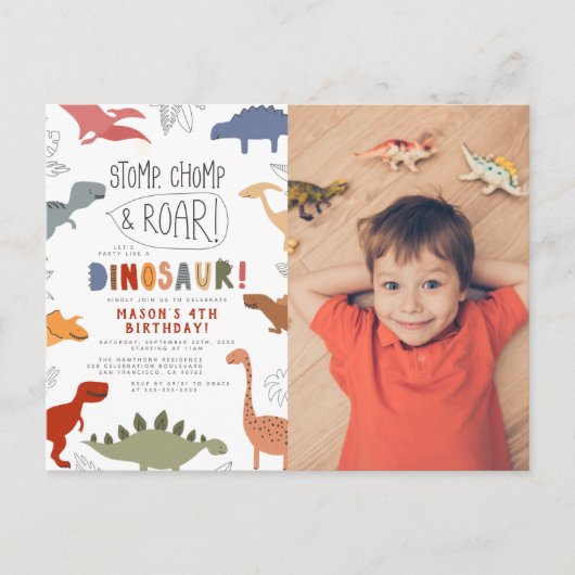 Stomp en roer! Cute Dinosaurs Foto Birthday Party Briefkaart (Voorkant)