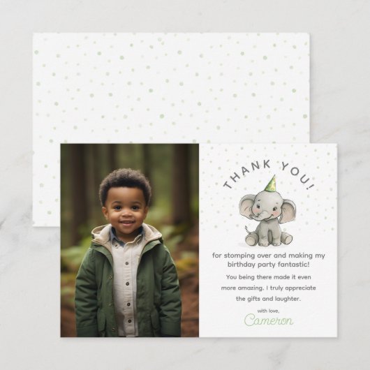 Stomp on Over, Schattigee olifant, verjaardagsfoto Bedankkaart (Voorkant / Achterkant)