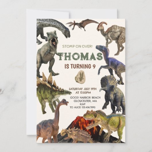 Stomp op Dino verjaardagsfeestje uitnodiging (Voorkant)