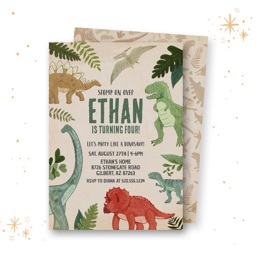 Stomp op over dinosaurus verjaardagsuitnodiging kaart