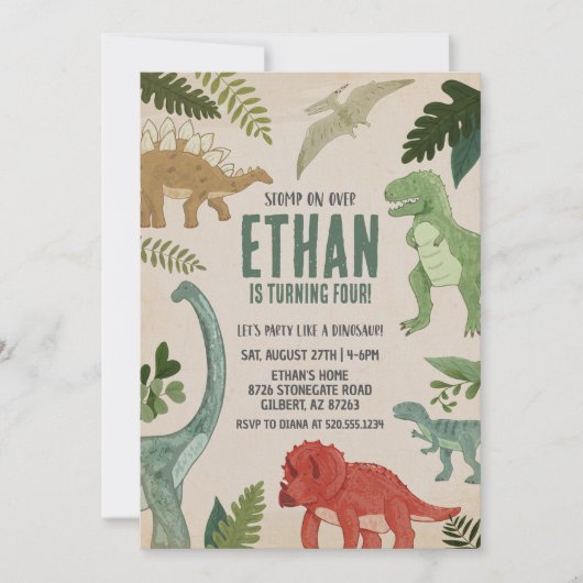 Stomp op over dinosaurus verjaardagsuitnodiging kaart (Voorkant)