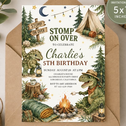 STOMP OVER Dinosaurus Camping Verjaardagsfeestje J Kaart