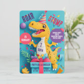 Stomp Roar Dinosaur Girl Verjaardagsfeestje Kaart (Staand voorkant)