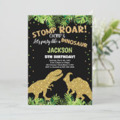 Stomp Roar Glitter Dinosaurus Verjaardag Uitnodigi Kaart (Staand voorkant)