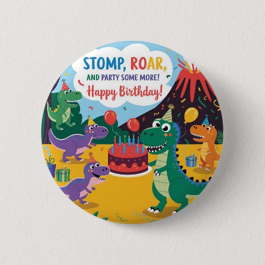 "Stomp, Roar & Party nog wat meer - Dino Kinder De Ronde Button 5,7 Cm (Voorkant)