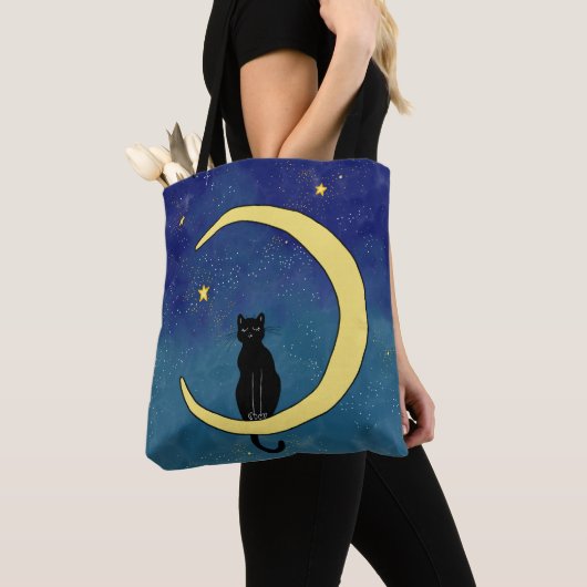 Stomzak met een kat die in het maanontwerp zit tote bag (Dichtbij)