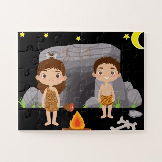 Stone Age Caveman Kinder Onder Nacht Sky Legpuzzel (Horizontaal)