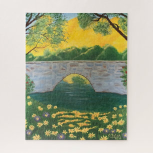 Stone Bridge Lake Flowers Yellow Sky Painting Legpuzzel