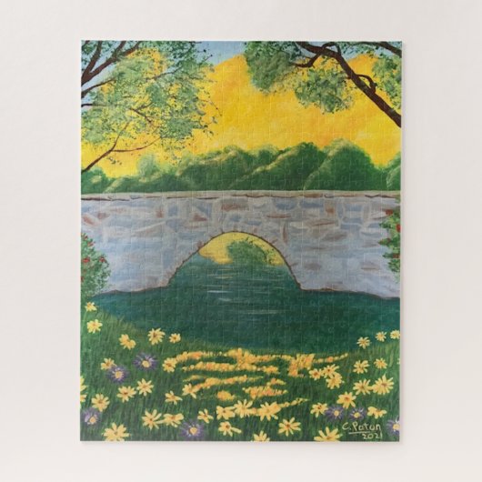 Stone Bridge Lake Flowers Yellow Sky Painting Legpuzzel (Verticaal)