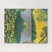 Stone Bridge Lake Flowers Yellow Sky Painting Legpuzzel (Horizontaal)