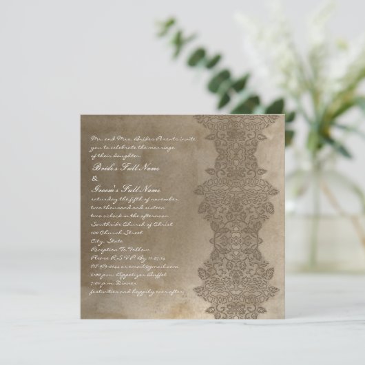 Stone Brown Damask Wedding Invitation Kaart (Staand voorkant)