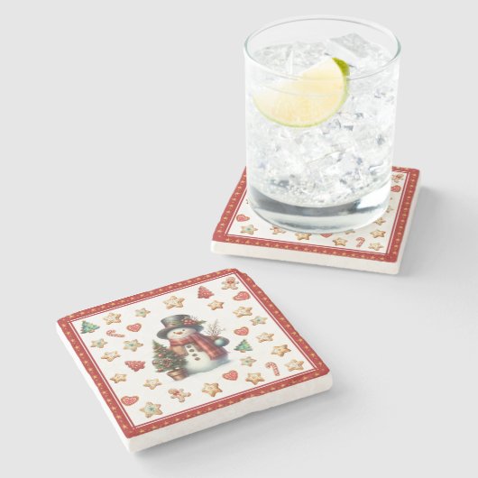 Stone Coaster Snowman and Christmas Cookies Red Stenen Onderzetter (Zijkant)