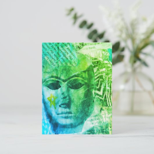 Stone face Abstract Mix Media Collage Blue Green Briefkaart (Staand voorkant)