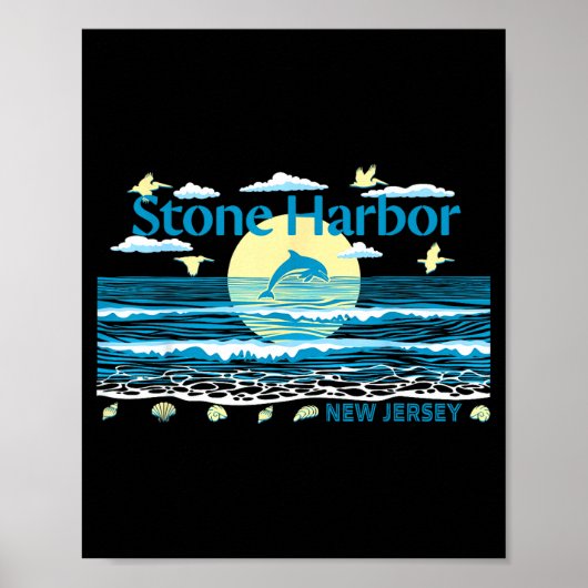 Stone Harbor NJ Dolfijn Pelikaan Golven Strand Poster (Voorkant)