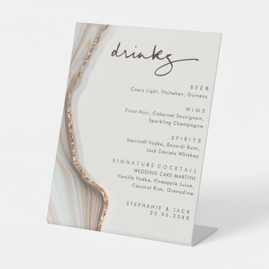Stone Marble Agate Wedding Drinken Bar Menu Pedest Reclamebord Met Voetstuk (Voorkant)
