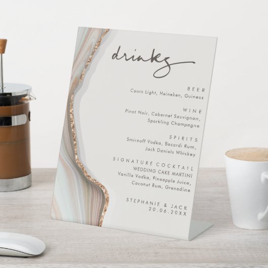 Stone Marble Agate Wedding Drinken Bar Menu Pedest Reclamebord Met Voetstuk (Insitu)