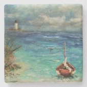 Stone Onderzetter Sailboat on Beach with Light Hou (Voorkant)