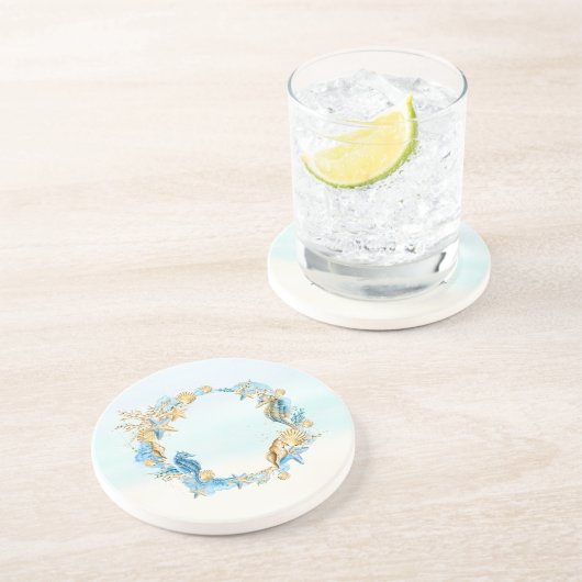 Stone Onderzetter Seashell Beach Theme Blue, Tan,  (Zijkant)