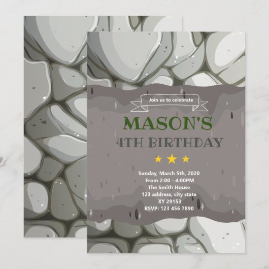 Stone rock verjaardagsthema Uitnodiging (Voorkant / Achterkant)