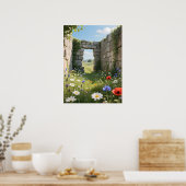 Stone Wall Ruin Meadow Flowers Art Poster (Keuken)