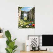 Stone Wall Ruin Meadow Flowers Art Poster (Thuiskantoor)