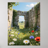 Stone Wall Ruin Meadow Flowers Art Poster (Voorkant)