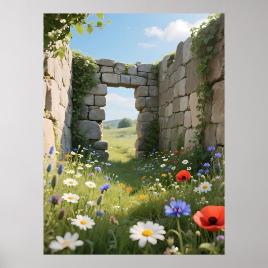 Stone Wall Ruin Meadow Flowers Art Poster (Voorkant)
