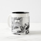 Stonemasons op het werk, gegraveerd door Lucotte Tweekleurige Koffiemok (Voorkant links)