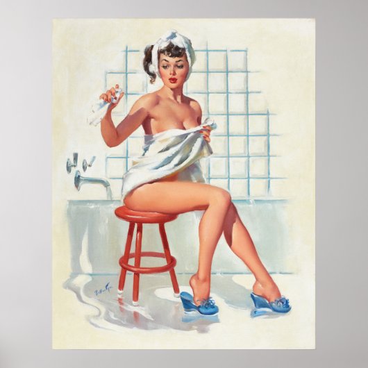 Stool duiven sexy badkamer retro-pinup meisje poster (Voorkant)