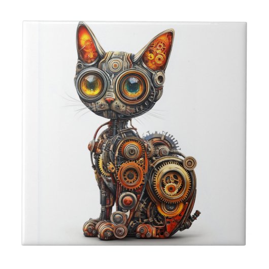 Stoom Aangedreven Purr � Steampunk Robot Kat Tegeltje (Voorkant)