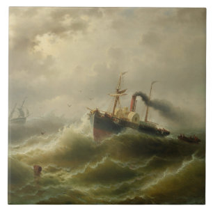 Stoomboot in een Storm op het Noord Zee Tegeltje