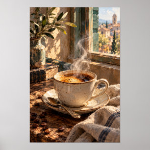 Stoomende koffie bij een zonnig raam – Rustieke oc Poster