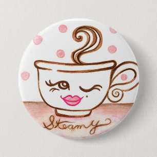 Stoomende koffiekop knop ronde button 7,6 cm