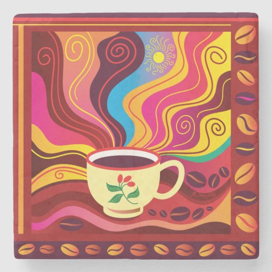 Stoomende koffiekop patroon stenen onderzetter (Voorkant)