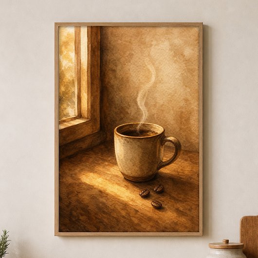 Stoomende mok bij het raam Aquarel Poster