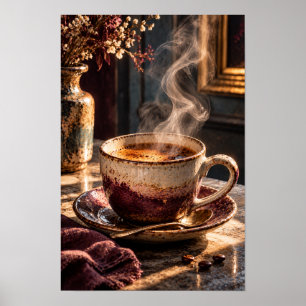 Stoomende Rustieke Koffiekop – Gezellige Ochtendko Poster