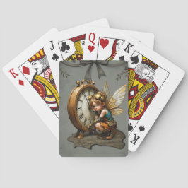 Stoomfantasie Elf met Gouden Vleugels & Antieke Kl Pokerkaarten
